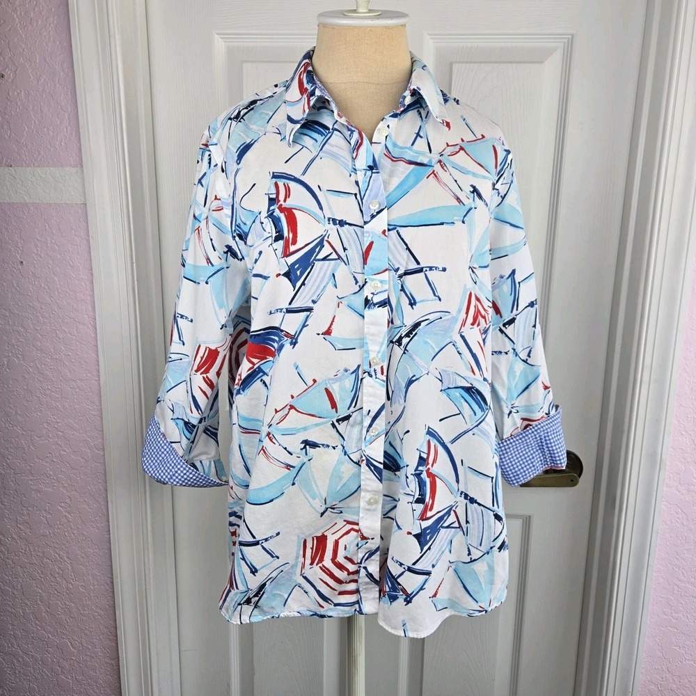 Chaps Womens Vtg Umbrella Shirt Size L Nautical Beach Button Up‎ 4th Of July